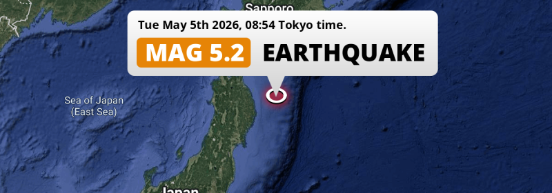 Significant M5.2 Earthquake struck on Tuesday Morning in the North Pacific Ocean near Miyako (Japan).