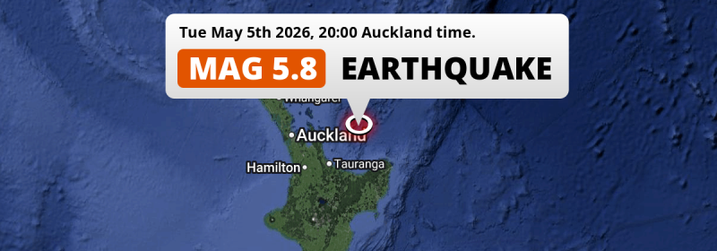 Shallow M5.8 Earthquake hit in the South Pacific Ocean 143km from Tauranga (New Zealand) on Tuesday Evening.