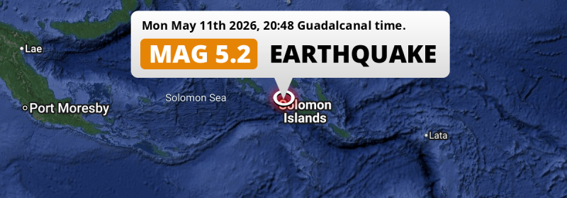 Shallow M5.2 Earthquake struck on Monday Evening in the Solomon Sea near Honiara (Solomon Islands).
