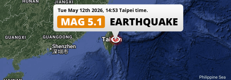 On Tuesday Afternoon a Shallow M5.1 Earthquake struck in the Philippine Sea near Hualien City (Taiwan).