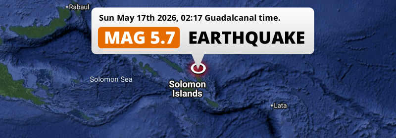 Shallow M5.7 Earthquake hit 144km from Honiara in Solomon Islands on Sunday Night.