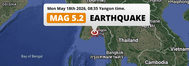 On Monday Morning a Shallow M5.2 Earthquake struck 2km from Myanmar.