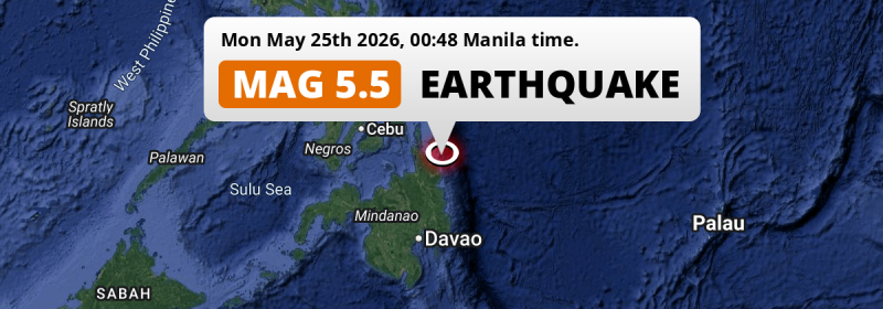 Significant M5.5 Earthquake struck on Monday Night in the Philippine Sea near Tandag (The Philippines).