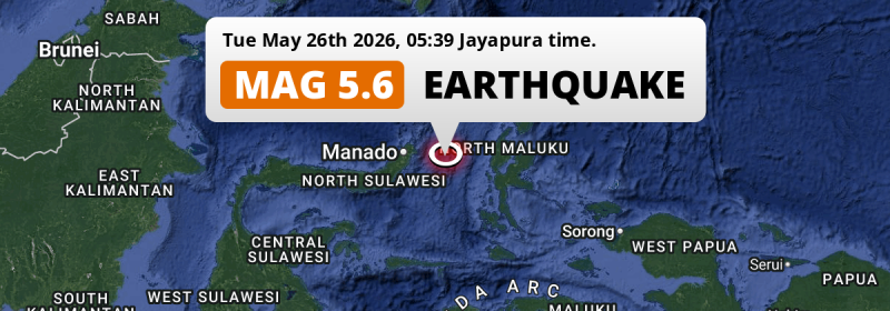 Significant M5.6 Earthquake struck on Tuesday Night in the Maluku Sea 144km from Manado (Indonesia).