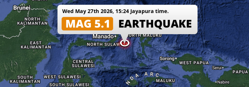 Shallow M5.1 AFTERSHOCK struck on Wednesday Afternoon in the Maluku Sea 155km from Manado (Indonesia).