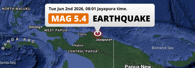 Shallow M5.4 Earthquake hit 215km from Jayapura in Indonesia on Tuesday Morning.