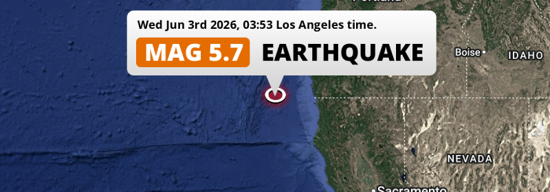 Shallow M5.7 Earthquake hit in the North Pacific Ocean 172mi from Medford (The United States) on Wednesday Night.