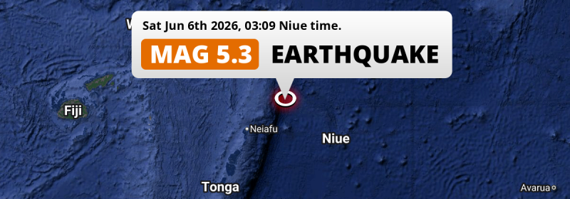 On Saturday Night a Shallow M5.3 Earthquake struck in the South Pacific Ocean 294km from Alofi (Niue).