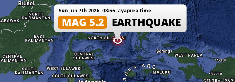 Significant M5.2 Earthquake struck on Sunday Night in the Maluku Sea 169km from Manado (Indonesia).