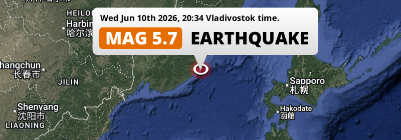On Wednesday Evening an Unusually powerful M5.7 Earthquake struck in the Sea of Japan near Kavalerovo (Russia).