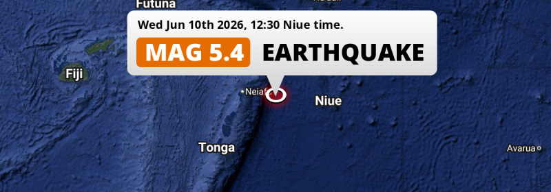 Shallow M5.4 Earthquake hit in the South Pacific Ocean 257km from Alofi (Niue) on Wednesday Afternoon.