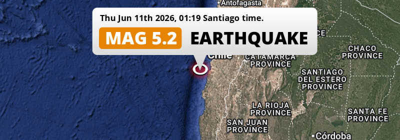 Shallow M5.2 FORESHOCK struck on Thursday Night in the South Pacific Ocean 137km from Copiapó (Chile).