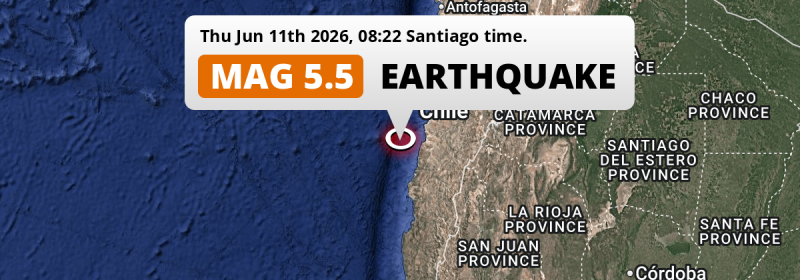 Shallow M5.5 Earthquake struck on Thursday Morning in the South Pacific Ocean 147km from Copiapó (Chile).