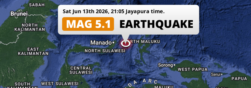 Significant M5.1 Earthquake struck on Saturday Evening in the Maluku Sea 149km from Manado (Indonesia).
