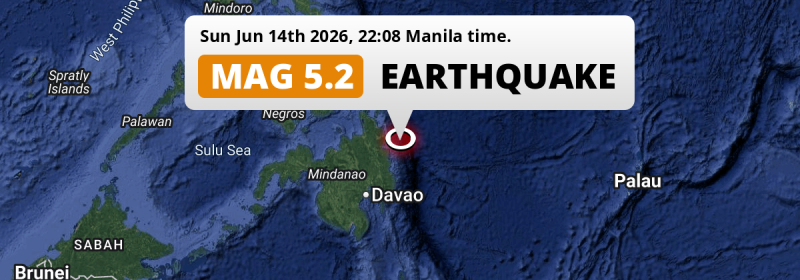 Significant M5.2 Earthquake hit in the Philippine Sea near Bislig (The Philippines) on Sunday Evening.