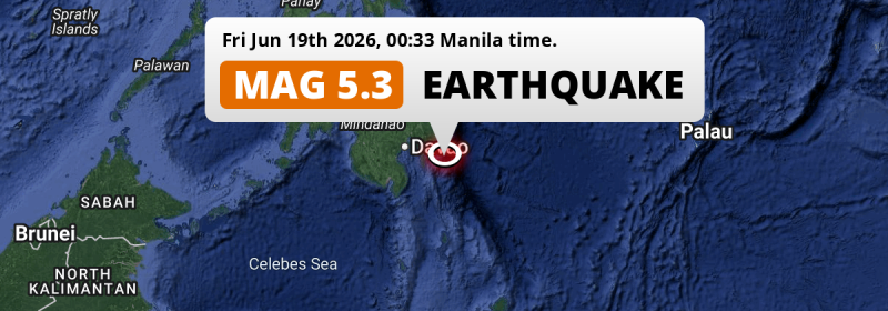 Shallow M5.3 Earthquake struck on Friday Night in the Philippine Sea near Mati (The Philippines).