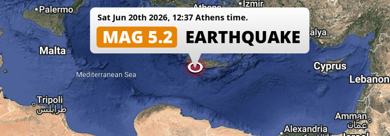Shallow M5.2 Earthquake struck on Saturday Afternoon in the Mediterranean Sea near Chaniá (Greece).