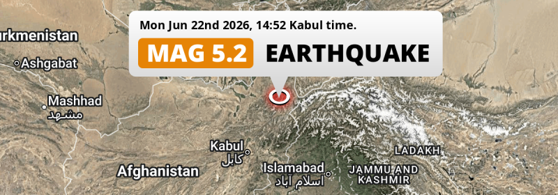 Significant M5.2 Earthquake struck on Monday Afternoon near Fayzabad in Afghanistan.