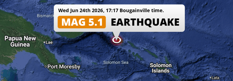On Wednesday Afternoon a Significant M5.1 Earthquake struck in the Solomon Sea near Arawa (Papua New Guinea).