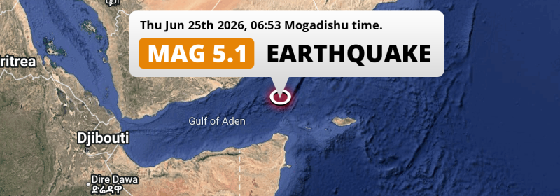 Shallow M5.1 Earthquake struck on Thursday Morning in the Gulf Of Aden 294km from Bosaso (Somalia).
