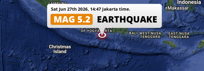 Significant M5.2 Earthquake struck on Saturday Afternoon in the Indian Ocean 155km from Yogyakarta (Indonesia).
