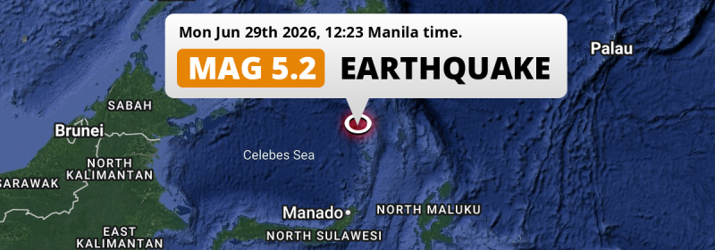 Shallow M5.2 AFTERSHOCK hit in the Sulawesi Sea 182km from General Santos (The Philippines) on Monday Afternoon.