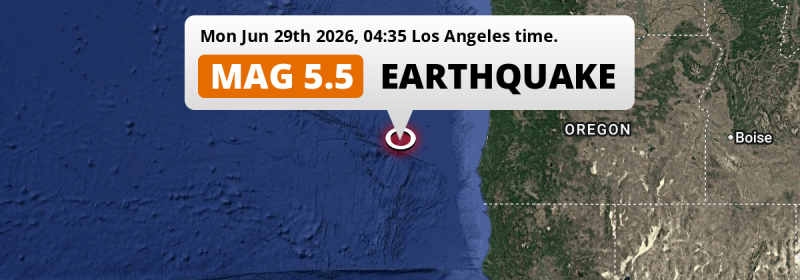 On Monday Night a Shallow M5.5 Earthquake struck in the North Pacific Ocean 144mi from Coos Bay (The United States).