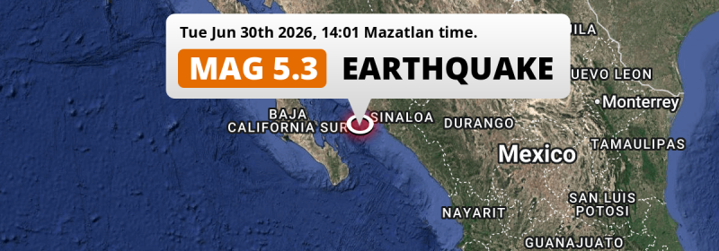 On Tuesday Afternoon a Shallow M5.3 AFTERSHOCK struck in the Gulf Of California 165km from Culiacán (Mexico).