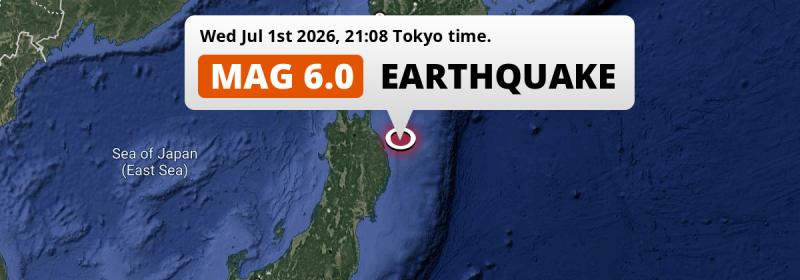 On Wednesday Evening a Strong M6.0 Earthquake struck in the North Pacific Ocean near Hachinohe (Japan).