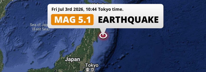 Significant M5.1 Earthquake struck on Friday Morning in the North Pacific Ocean 131km from Sendai (Japan).