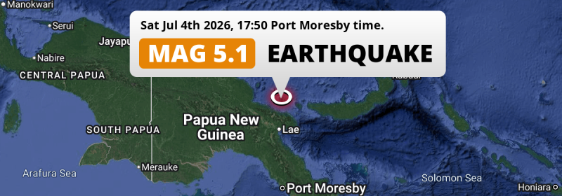 Significant M5.1 Earthquake struck on Saturday Afternoon in the Bismarck Sea 136km from Lae (Papua New Guinea).