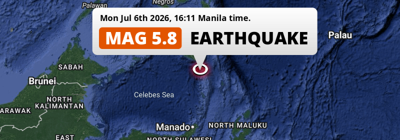 On Monday Afternoon a Significant M5.8 Earthquake struck in the Sulawesi Sea 126km from General Santos (The Philippines).