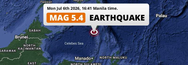 Significant M5.4 AFTERSHOCK struck on Monday Afternoon in the Sulawesi Sea 134km from General Santos (The Philippines).
