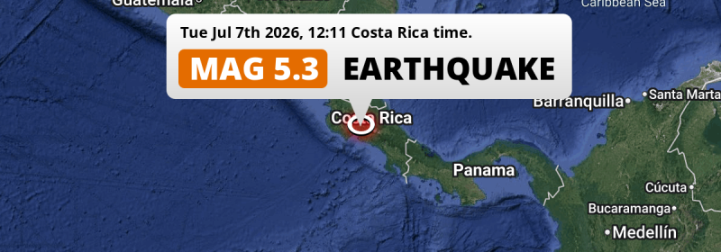 Significant M5.3 Earthquake struck on Tuesday Afternoon near San José in Costa Rica.