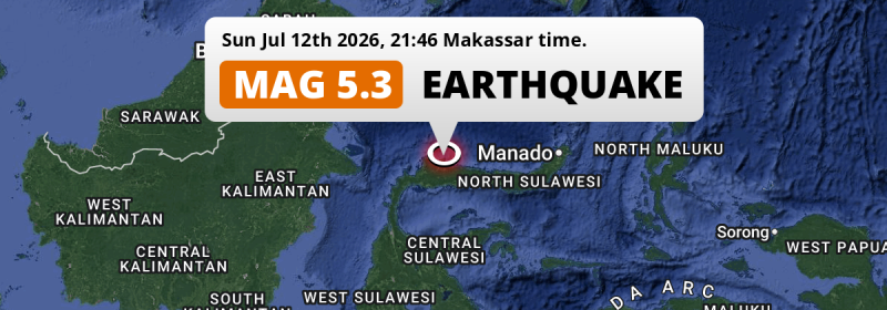 Significant M5.3 Earthquake struck on Sunday Evening in the Sulawesi Sea 193km from Gorontalo (Indonesia).
