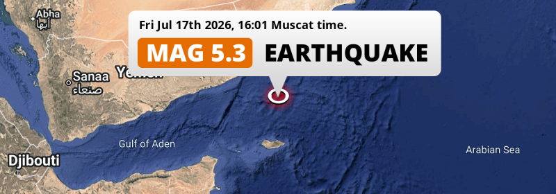 Shallow M5.3 Earthquake hit in the Arabian Sea 281km from Şalālah (Oman) on Friday Afternoon.