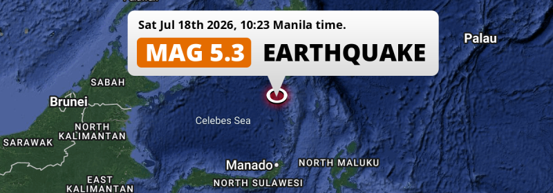 Shallow M5.3 Earthquake hit in the Sulawesi Sea 182km from General Santos (The Philippines) on Saturday Morning.