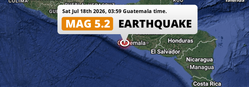 Significant M5.2 AFTERSHOCK struck on Saturday Night in the North Pacific Ocean near Tapachula (Mexico).