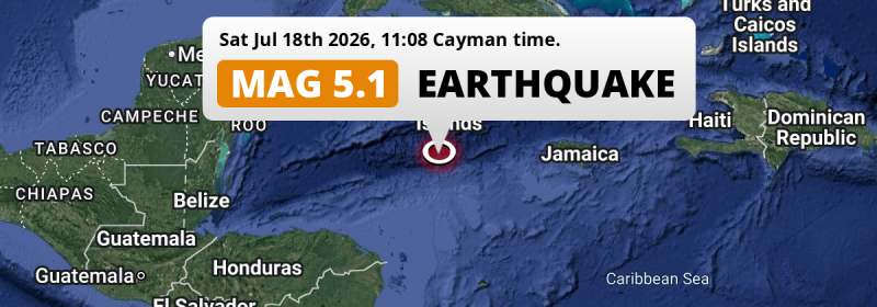 On Saturday Morning a Shallow M5.1 Earthquake struck in the Caribbean Sea 150km from George Town (Cayman Islands).