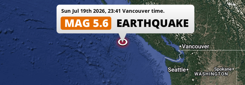 Shallow M5.6 Earthquake hit in the North Pacific Ocean 225km from Vernon Lake (Canada) on Sunday Evening.