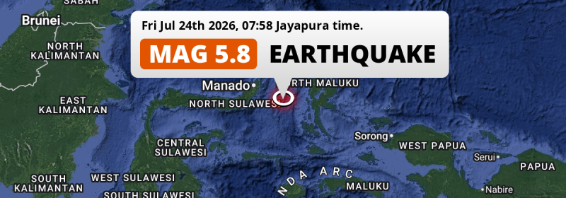 On Friday Morning a Significant M5.8 Earthquake struck in the Maluku Sea 182km from Manado (Indonesia).