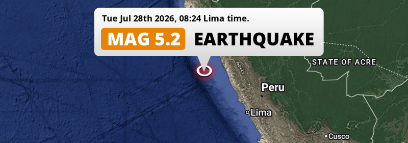Shallow M5.2 Earthquake hit in the South Pacific Ocean 195km from Trujillo (Peru) on Tuesday Morning.