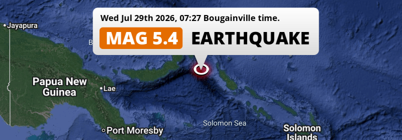 Shallow M5.4 Earthquake hit in the Solomon Sea 230km from Arawa (Papua New Guinea) on Wednesday Morning.