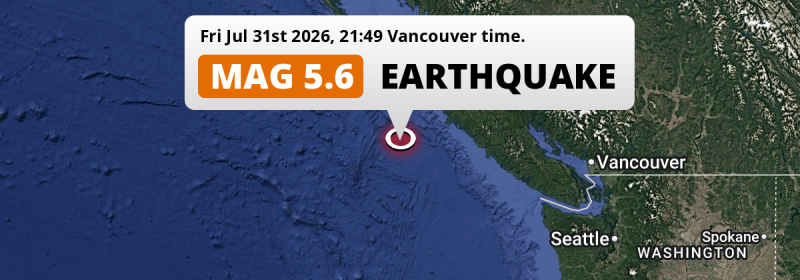 On Friday Evening a Shallow M5.6 Earthquake struck in the North Pacific Ocean 225km from Vernon Lake (Canada).