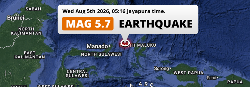 On Wednesday Night a Significant M5.7 Earthquake struck in the Maluku Sea 182km from Manado (Indonesia).