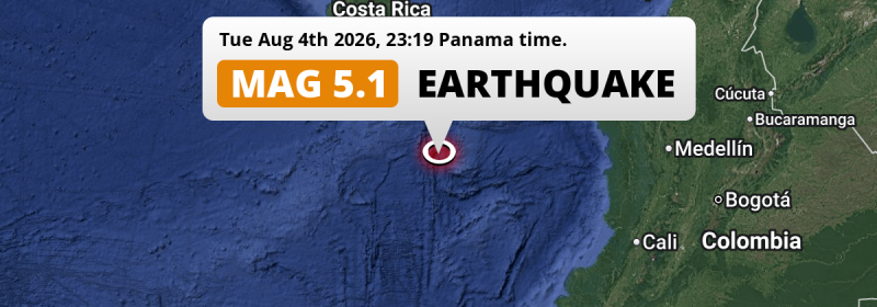 On Tuesday Evening a Shallow M5.1 Earthquake struck in the North Pacific Ocean 282km from David (Panama).