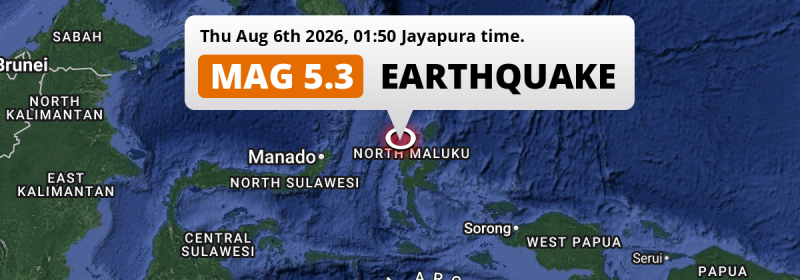 Significant M5.3 Earthquake hit in the Maluku Sea 111km from Ternate (Indonesia) on Thursday Night.