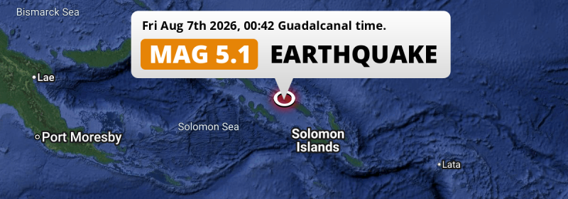 Significant M5.1 Earthquake struck on Friday Night in the Solomon Sea 218km from Honiara (Solomon Islands).