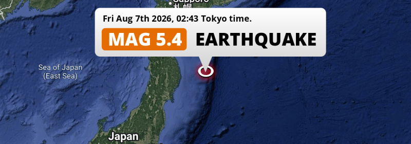 Shallow M5.4 Earthquake hit in the North Pacific Ocean 281km from Sendai (Japan) on Friday Night.