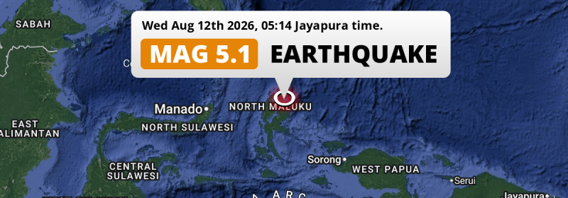On Wednesday Night a Shallow M5.1 Earthquake struck in the Halmahera Sea 158km from Ternate (Indonesia).